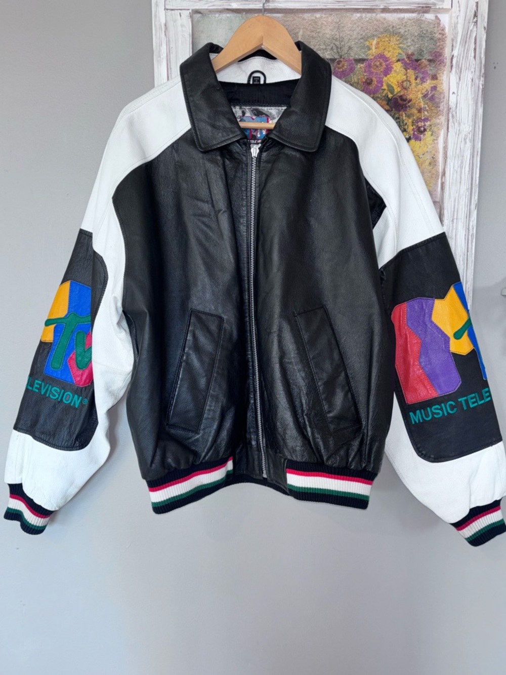 Authentic 1992 MTV Leather Bomber Jacket Color Block! Limited Production Med